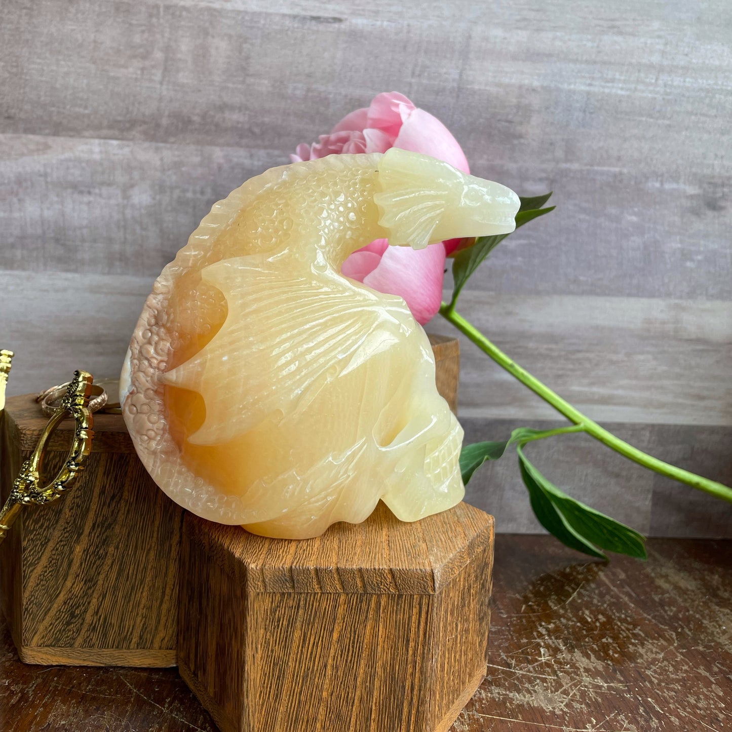 Orange Calcite Dragon on Skull